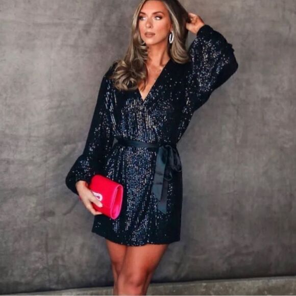 MABLE black sequins mini wrap dress sz XS extra small party cocktail prom dance - Picture 4 of 10